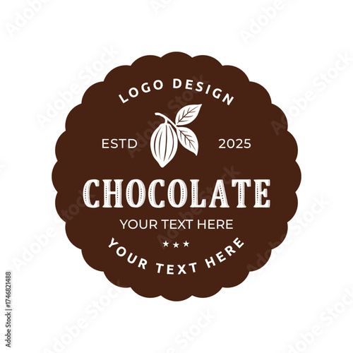 Cocoa logo vector emblem on white background. Organic Chocolate flat vintage label for cacao dessert packaging. 