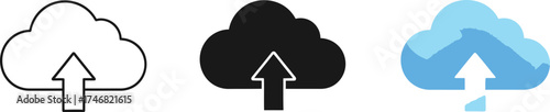 Three Cloud Upload Icons in Outline, Solid, and Blue Gradient Styles