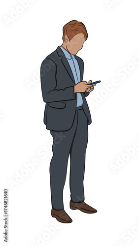 Businessman in a dark suit using smartphone, isolated vector illustration on white background