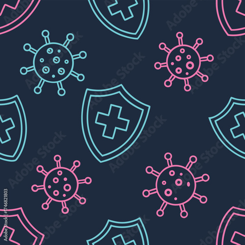 High quality photo of coronavirus protection shield and virus icons seamless pattern vector