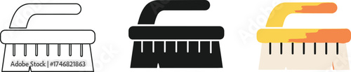 Three Scrub Brush Icons in Grayscale, Solid Black, and Color Styles
