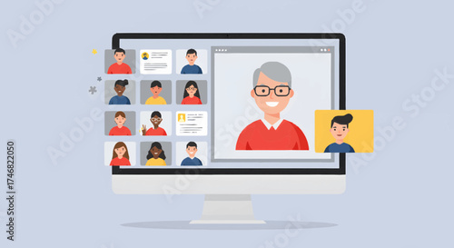 Vector illustration of a computer screen showing a diverse group of people in a video conference call.