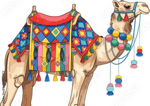 Colorful Decorated Camel Illustration with Traditional Arabian Saddle and Ornate Tassels
