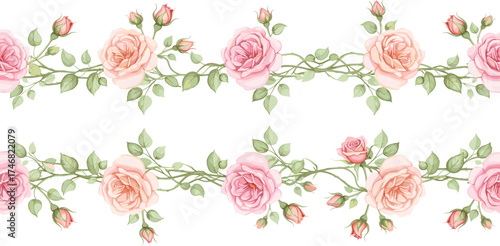 Watercolor floral seamless pattern of rose vines, perfect for elegant designs and backgrounds