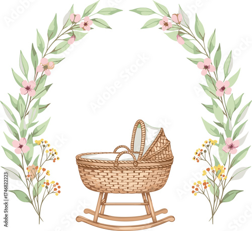 Charming watercolor illustration of a wicker baby bassinet surrounded by a delicate floral wreath, perfect for a baby shower invitation or nursery art