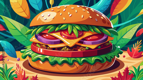 Very beautiful close-up Beyond Meat veggie burger held securely, showcasing fresh ingredients, vibrant colors, and appealing textures, vector-style illustration emphasizing healthy, convenient, and 