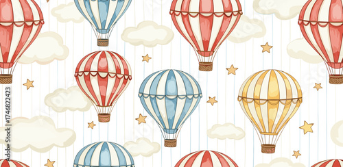 Hot Air Balloons Seamless Pattern Colorful Sky Adventure for Children's Decor