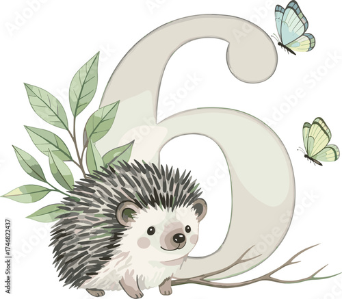Charming Illustration of the Number 6 Featuring a Hedgehog and Butterflies for Educational Use