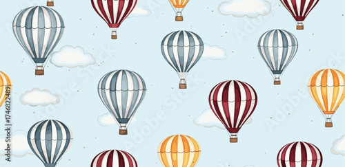 Seamless pattern of vintage striped hot air balloons floating among the clouds in the sky