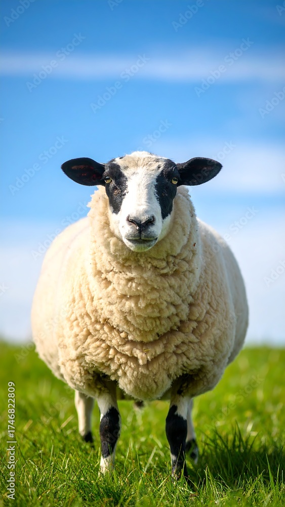 Fototapeta premium A close-up portrait features a fluffy sheep with a black and white face and legs, standing in a green meadow. Bright blue sky