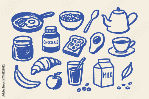 Breakfast food sketch style icons with bold outline vector illustration