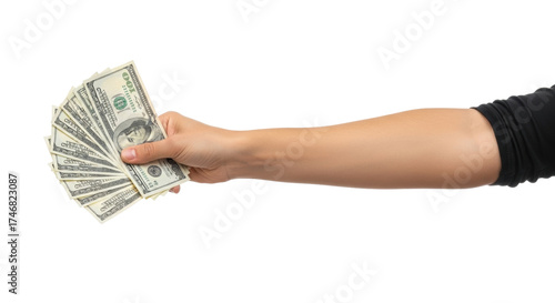 Isolated hand holding US dollar bills for spending, wealth, investment, money, or finance use