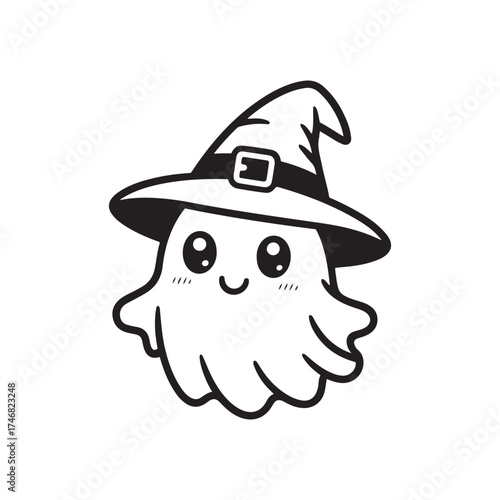 Cute Halloween Ghost Wearing a Witch Hat Line Art