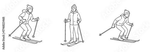 Three vector cartoons of woman skiing in the winter