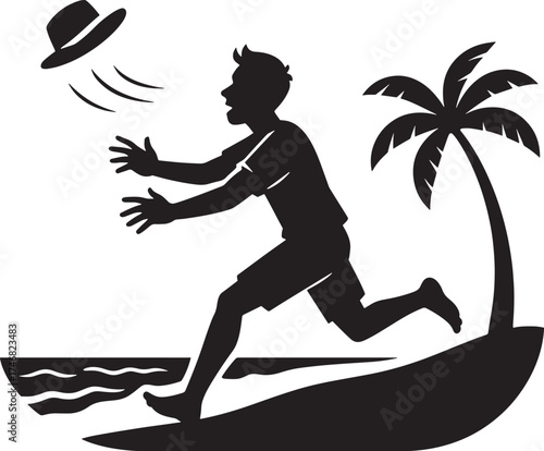 A Man's Silhouette Leaps and Stretches to Catch His Fedora Hat as the Wind Carries it Past a Palm Tree on a Sunny Tropical Beach