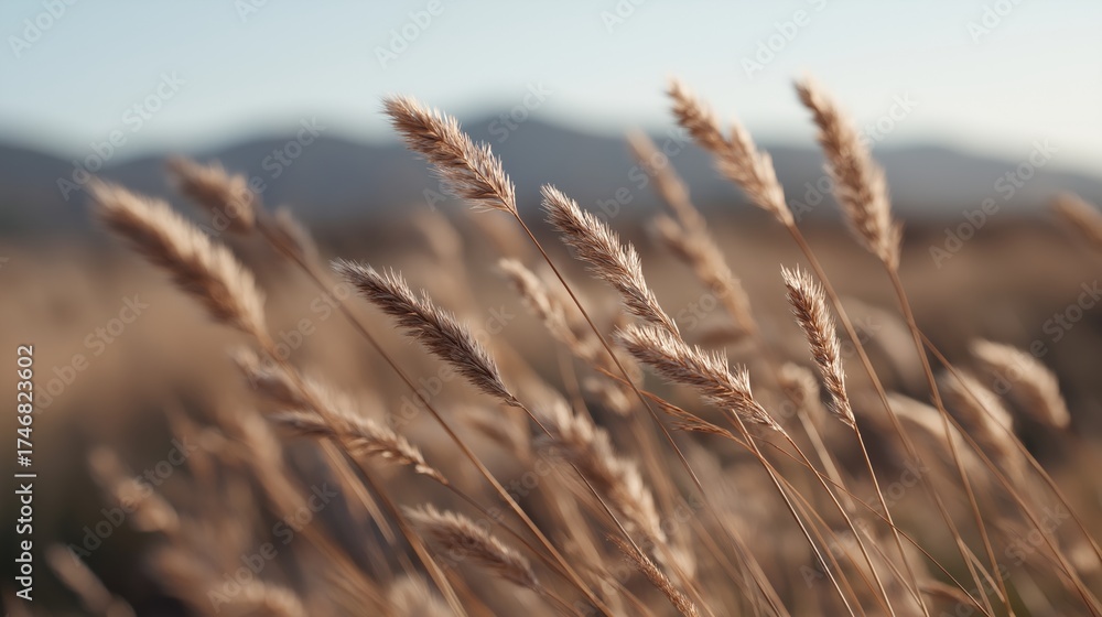 Fototapeta premium Close-up of a field of tall, dry grasses. the grasses are golden brown in color and appear to be swaying in the wind.