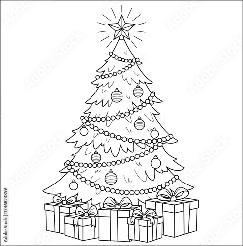 Festive Christmas Tree Line Art with Glowing Star, Garlands, Ornaments, and Gift Boxes - Perfect for Holiday Coloring, Cards, and Digital Crafts