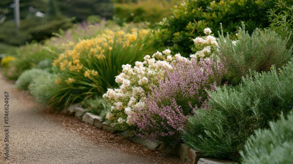 Obraz premium Beautiful garden with a gravel path winding through it. the garden is filled with various types of plants and flowers, including white and yellow flowers, purple and pink flowers, and green shrubs.
