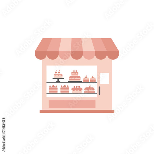 Flat Design Cute Cake Shop Bakery Storefront with Various Cakes Illustration
