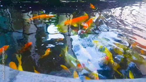 Colorful koi fish swimming in a pond with reflections
