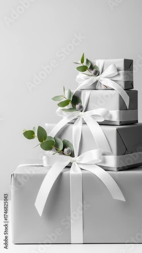 Stacked Gray Gift Boxes With White Ribbons And Greenery