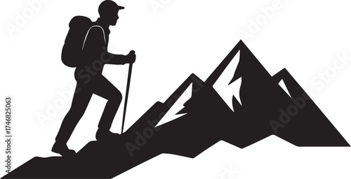 Silhouette of a hiker with a backpack and trekking pole climbing a mountain peak isolated on white background