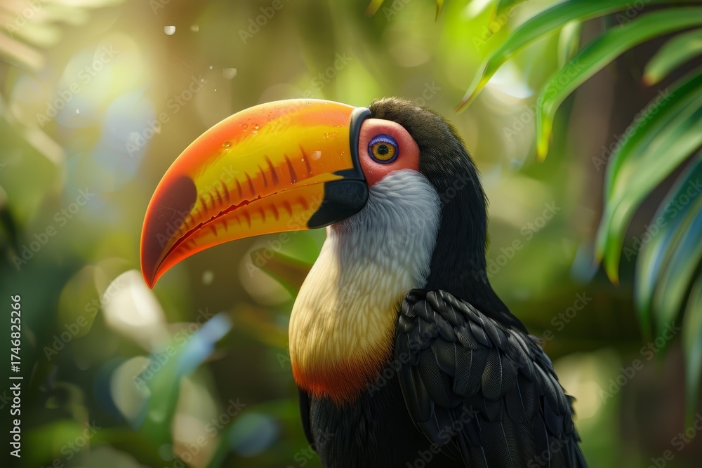 Fototapeta premium Toucan with a large orange beak is perched among tropical foliage, enjoying the sunlight filtering through the leaves