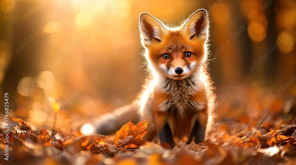 Obraz premium Cute fox cub in autumn leaves, bathed in sunlight