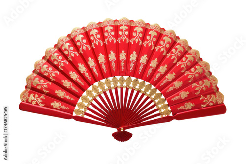 Elegant red hand fan with golden floral decorations