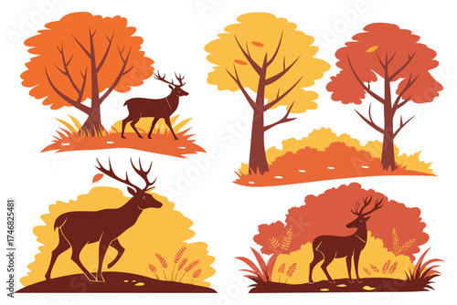 Deer in autumn forest, seasonal wildlife silhouette vector illustration