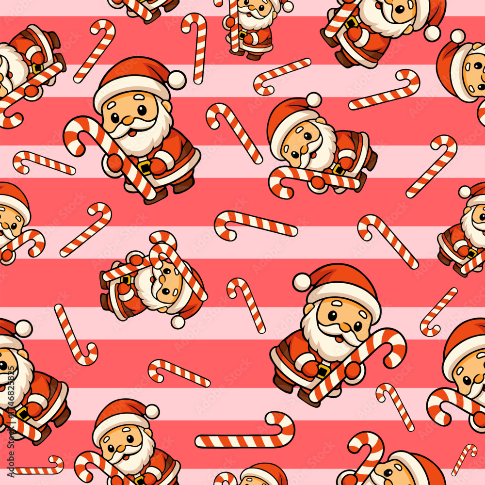 Obraz premium Cute cartoon christmas holiday seamless pattern featuring santa and candy canes in a joyful environment