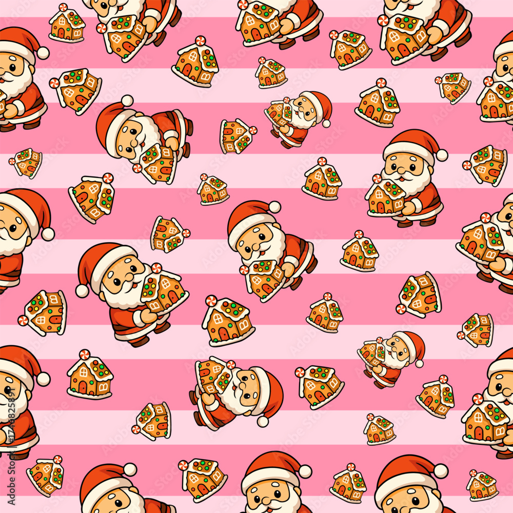 Fototapeta premium Cute cartoon christmas holiday seamless pattern featuring santa and gingerbread houses in a festive pink environment