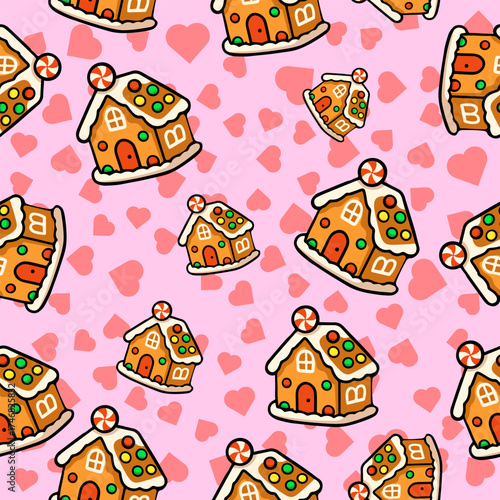 Cute cartoon christmas holiday seamless pattern of gingerbread houses on pink background