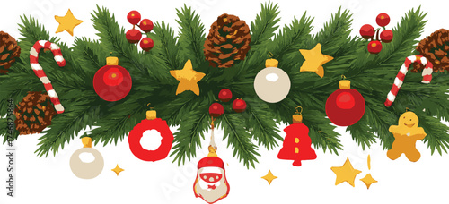 A festive border featuring green pine branches adorned with red and white ornaments, shiny gold stars, pine cones, and clusters of red berries.