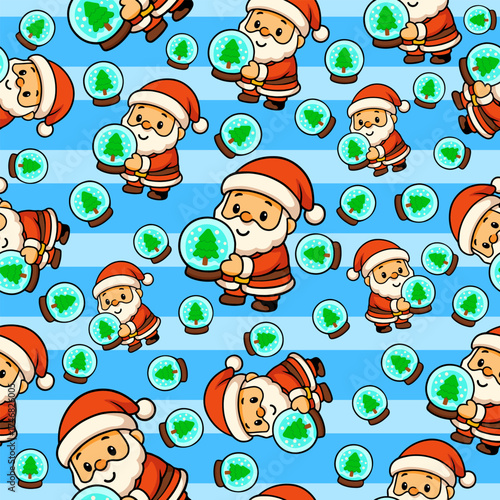 Cute cartoon christmas holiday seamless pattern of santa claus with snow globes festive environment playful viewpoint