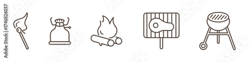 Set of BBQ and grilling line icons isolated on transparent background. Includes barbecue grill, campfire, gas cylinder, burning match. Perfect for camping, outdoor cooking, picnic, and BBQ themes. 