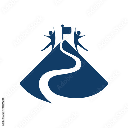 Abstract mountain peak logo with winding path, summit flag and people