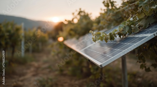 Close-up of a solar panel in a vineyard. the solar panel is attached to a pole and is surrounded by rows of grapevines. the sun is setting in the background, casting a warm glow over the scene.