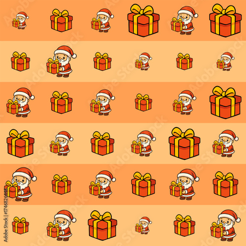 Cute christmas cartoon holiday seamless pattern featuring santa and gift boxes in a festive environment