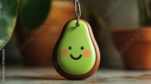A cheerful avocado keychain,  with a happy face