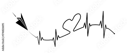 Abstract 3d paper plane origami airplane, ekg shape route, healthy heart vector. Creative medical science concept design to use for cardiology, healthcare business, love concept projects.