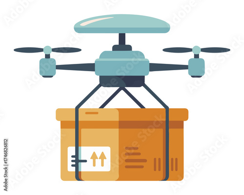 Modern delivery drone carrying a cardboard package with shipping labels in a clear illustration
