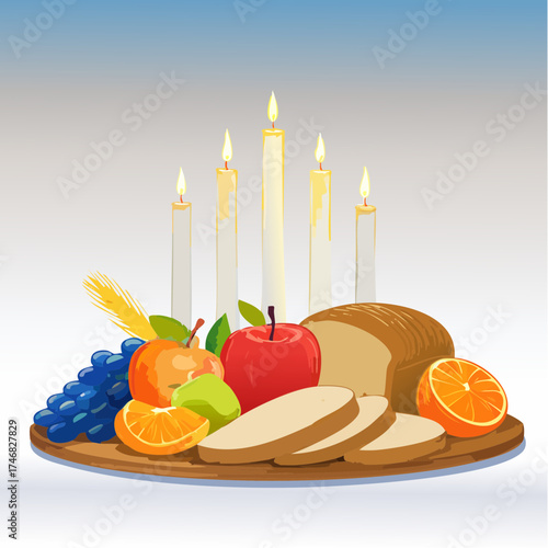 Harvest bounty autumn fruits, bread, and candles on a wooden board