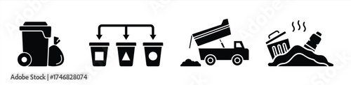 Waste Management Icon Set Showing Trash Bin, Recycling, Garbage Truck, and Landfill in Black Silhouette Style
