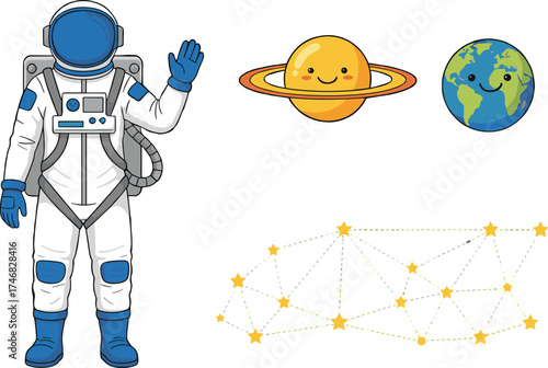 Astronaut and planets illustration, cartoon Earth Saturn and constellation, space exploration artwork, educational astronomy drawing, cosmic science design