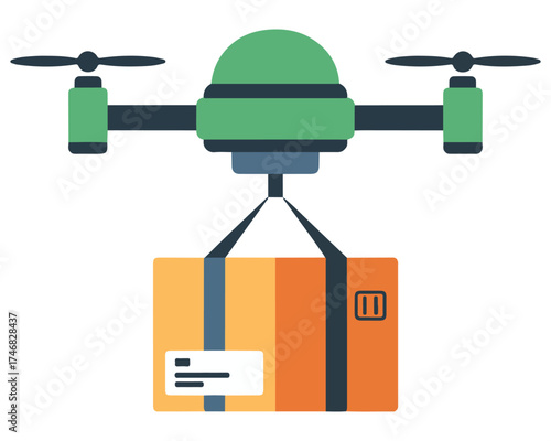Green drone delivering a cardboard package with straps and labels against a white background