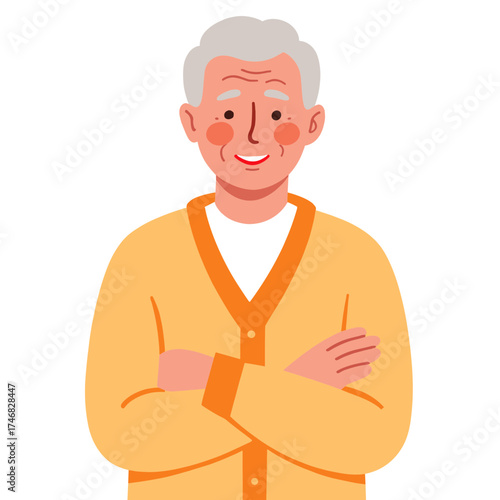 Elderly man with proud smile. Confident senior man smiling warmly. Older man with satisfied happy expression. Proud retired man looking cheerful. Elderly set