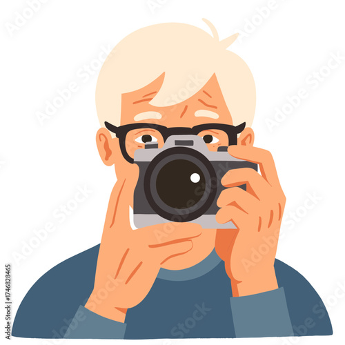 Elderly photographer taking picture. Senior man holding camera and shooting. Older male photographer capturing photo. Retired man taking photograph outdoors. Elderly set