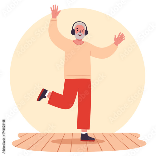 Elderly man with headphones. Senior man listening to music with headphones. Older man enjoying audio in headphones. Retired man wearing headphones and smiling. Elderly set