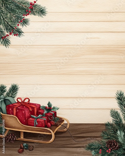 Wallpaper Mural Christmas Winter Wonderland Watercolor Festive Christmas scene with a wooden sled and beautifully wrapped gifts. Torontodigital.ca